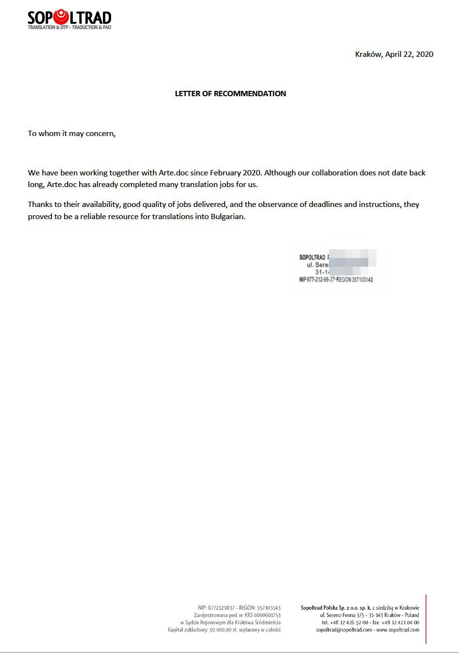Sopoltrad - letter of recommendation for Bulgarian translation agency Arte.doc. Препоръка за агенция за преводи Арте.Док