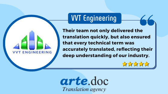 Testimonial from VVT Engineering for quality translation of photovoltaic systems by translation agency arte.doc