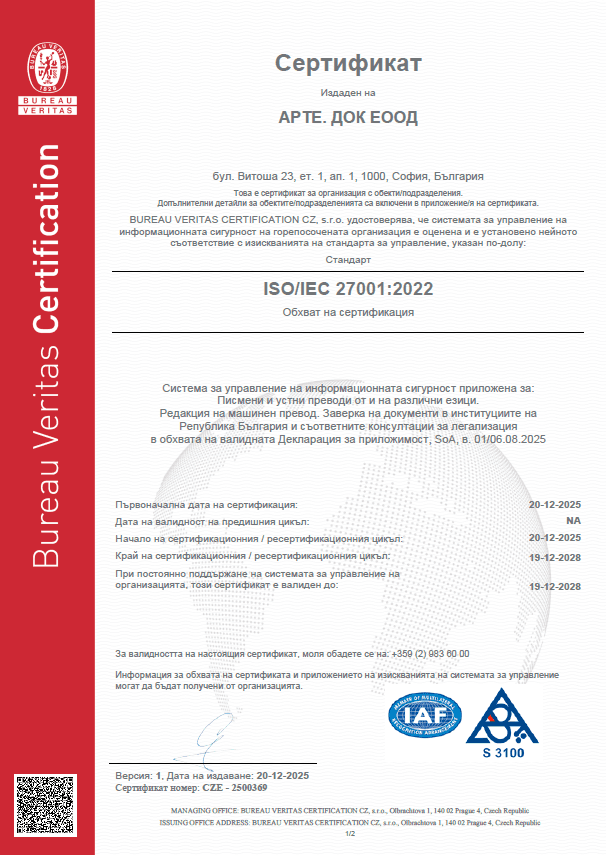ISO 27001 certificate arte.doc 2025 to 2028